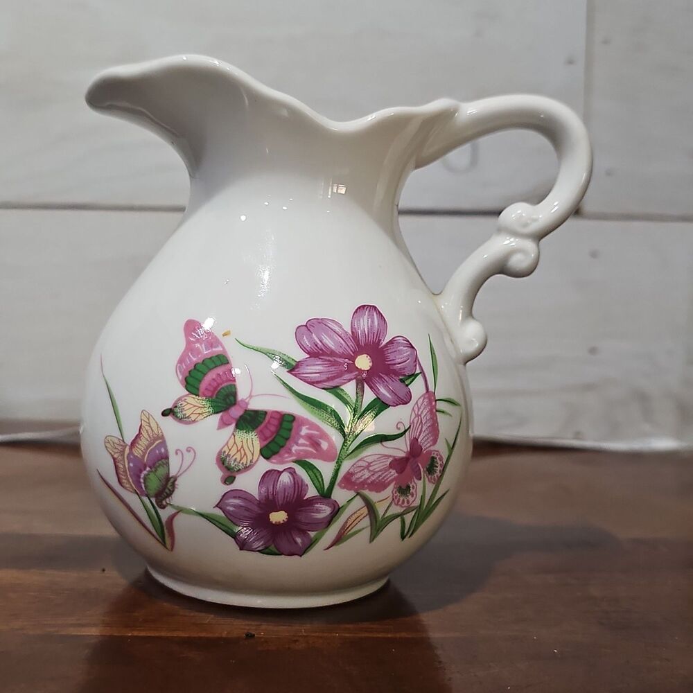 Vintage White Ceramic Floral Pitcher Butterfly Purple Flower Decorative Creamer
